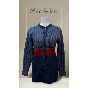 Mac & Jac Gray & Blue Striped Rib Knit Wool Cardigan Sweater Coat Size Small